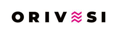 Oriveden kaupungin Väre-logo, jossa on Orivesi-teksti mustalla Montserrat-fontilla. E-kirjaimen korvaa pinkki Väre-kuvio.