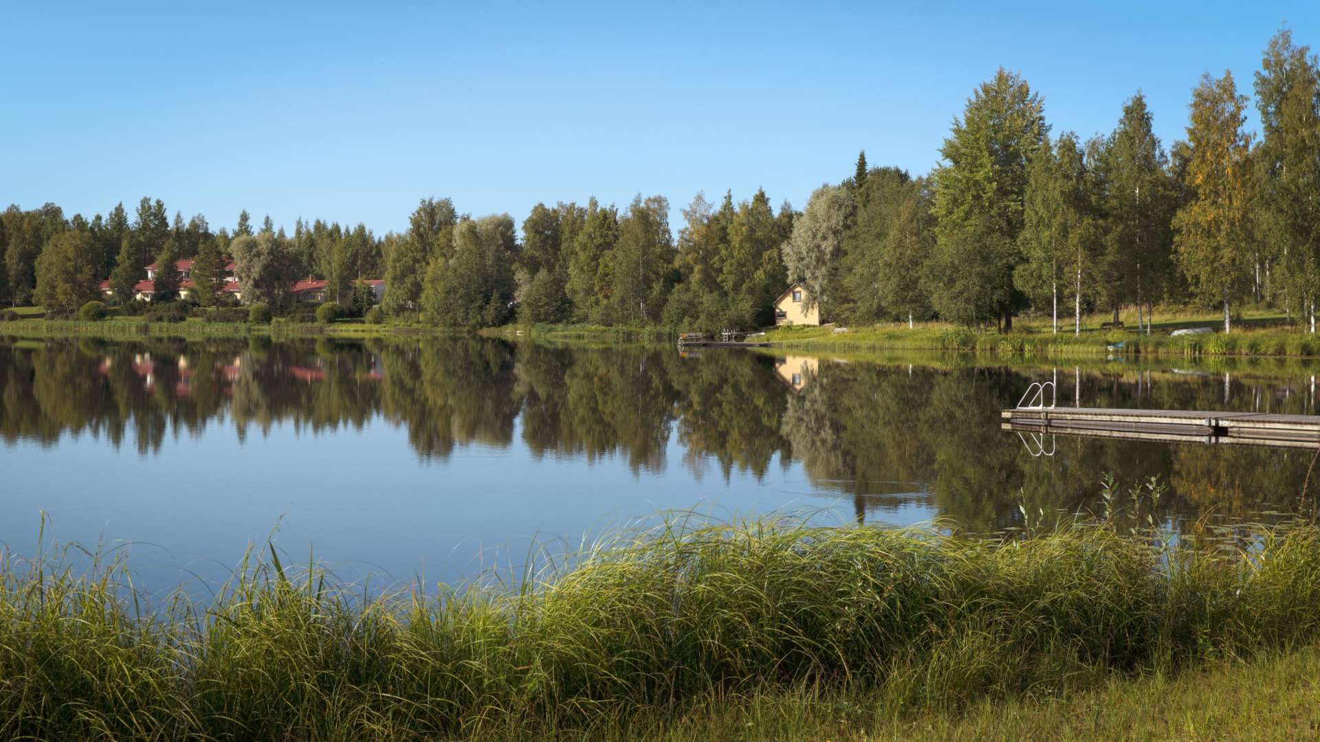 Tyyni järvi ja ympäristö kesällä. Järven rannalla on kaksi laituria. Järven vastarannalla on puita ja talo.