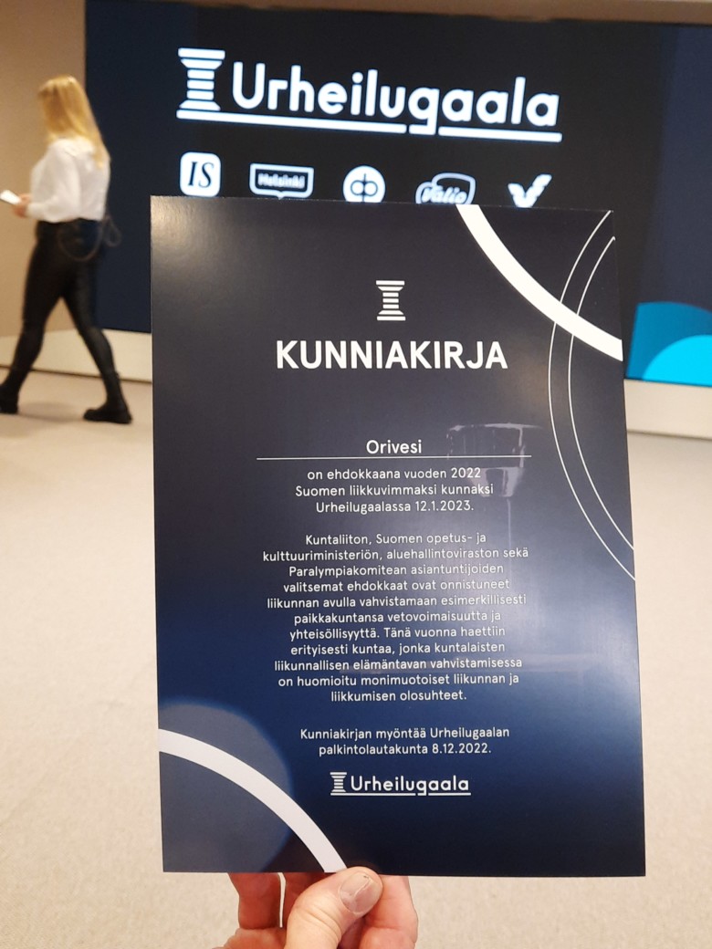 Suomen liikkuvin kunta -finalistin kunniakirja.